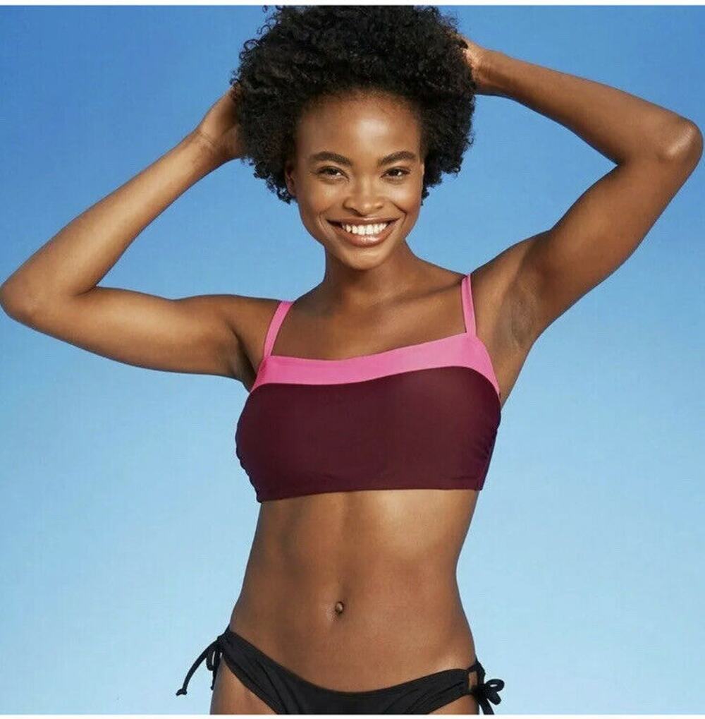 Kona Sol Color-block Bandeau Bikini Top Burgundy/ Pink Women’s Medium 8-10 NWT